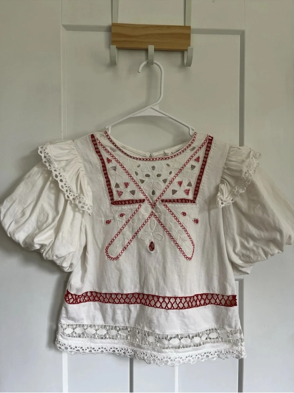 Anthropologie White Puff Sleeve Blouse with Red Embroidery